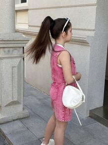 Tween Girls Peach Red Fashionable Versatile Washed Denim Vest & Skirt Set - Hot Pink - View 4