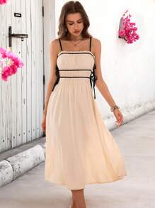 SHEIN VCAY Women Frill Trim Side Tie A-Line Hem Casual Vacation Dress - Apricot - View 3