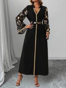 SHEIN Clasi Áo choàng dài bằng vải chiffon rộng rãi có thắt lưng cho tiệc lễ của phụ nữ, phong cách Ramadan - màu đen - Xem 1