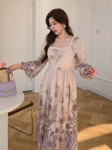 DAZY 女士碎花方领灯笼袖中长款度假连衣裙，秋季长袖连衣裙，复活节 - 紫色 - 查看 7