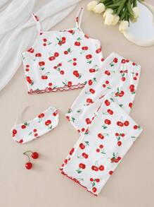 女童水果和樱桃印花背心、裤子、眼罩、红色撞色边饰休闲套装，夏季 - 彩色 - 查看 2