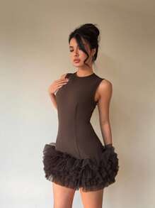 Aloruh 咖啡色荷叶边网眼下摆无袖迷你连衣裙，时尚女装 - 咖啡棕 - 查看 4