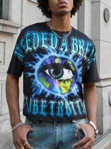 PAVTROS 男士图案 T 恤，Manfinity EMRG 街头风格大眼蓝色火焰金属牙齿深色破旧街头宽松 T 恤，渐变字母印花图案 T 恤男士图案 T 恤男士 - 黑色 - 查看 3