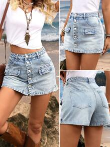 EMERY ROSE Shorts vaqueros casuales de mujer con bolsillos delanteros y ajuste delgado - Azul lavado medio - Ver 1