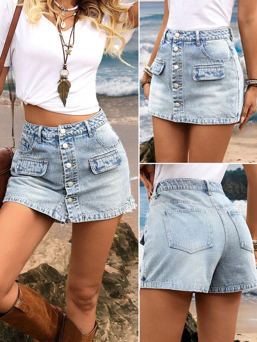 EMERY ROSE Quần short denim ôm vừa vặn có túi nút phía trước dành cho nữ - Rửa trung bình - Xem 1