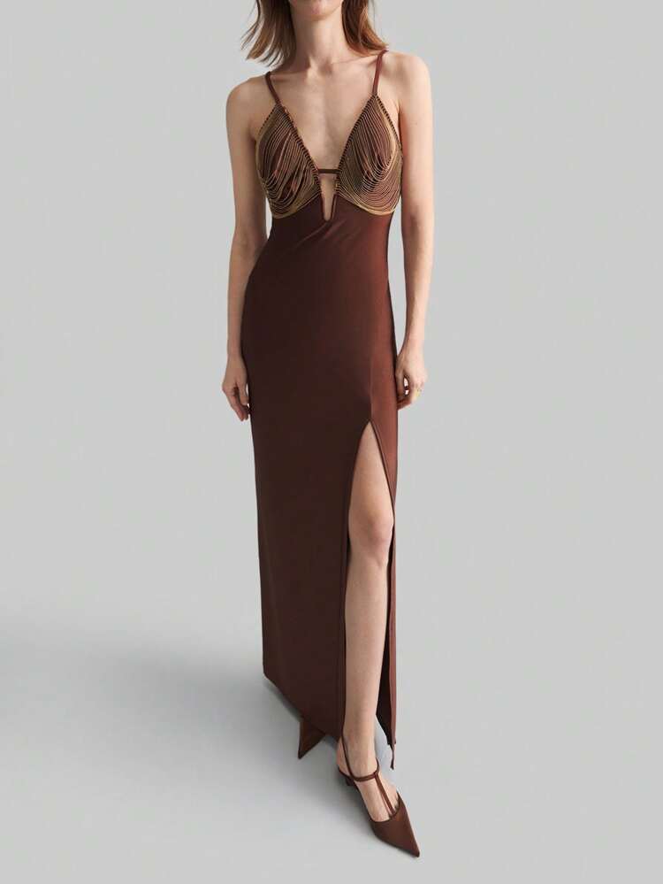 Women's Super Long Sleeveless Dress With High Slit, Chain Decoration, Spring/Summer 2025 Outfitting, Knitted Material Spaghetti Strap Dress, Party Wear