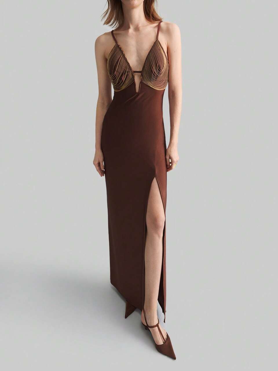 Women's Brown And Gold Elegant Summer Sleeveless Dress,Knitted Spaghetti Strap Super Long Dress With High Slit,Chain Decoration,Party Night Outfitting