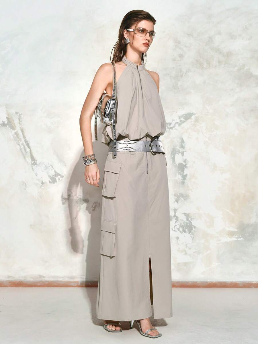 Arave 女士纯色前拉链口袋休闲半身裙 - 卡其色 - 查看 1