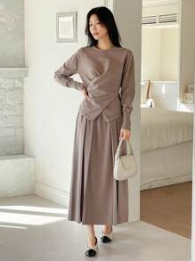 DAZY 2pcs/Set Women Asymmetric Gathered Top & Knit Skirt Suit,Fall Clothes - Brown - View 4