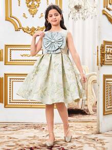 SHEIN Leap Crew Tween Girls Elegant Floral Jacquard Sleeveless Dress - Blue - View 3