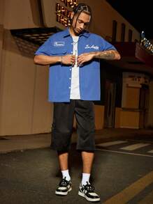 PAVTROS 男士宽松短袖纽扣衬衫，口袋装饰休闲衬衫，男士蓝色平摆简约标语印花休闲衬衫，休闲版型衬衫，街头服饰，休闲运动服，节日礼物，说唱歌手，INS 搭配单品，男友礼物