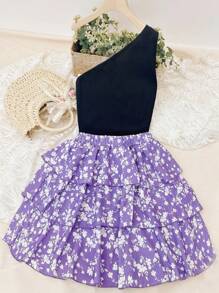 2pcs/Set Teen Girls Black Asymmetric Open Shoulder Tank Top And Ditsy Floral Skirt Set, Active - Black - View 2