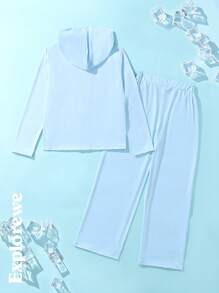 SHEIN 青少年女孩 2 件套：休闲纯色连帽衫和裤子 - 藍色 - 查看 2