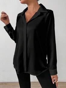 SHEIN Women's Solid Color Satin Simple Shirt With Asymmetric Hem Fall Cloth For Women - Black - View 5