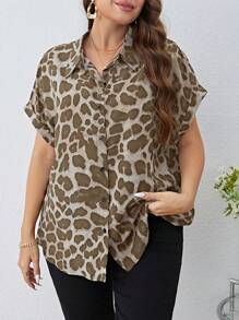 SHEIN Clasi 大码豹纹蝙蝠袖休闲工作衬衫