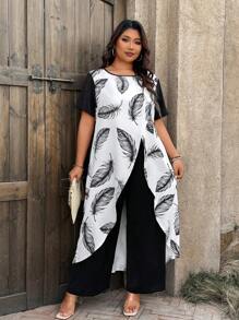 SHEIN LUNE Plus Size Women 2pcs Set Contrast Feather Print Asymmetrical Hem Short Sleeve Long Top And Wide Leg Pants Concert Outfit BOHO Vacation Summer Outfit - Black and White - View 4