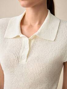 BizChic Women's Solid Color Polo Neck Short Sleeve Knit Top - White - View 6
