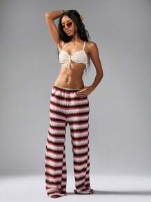 MISSGUIDED Pantalones de playa de ganchillo con diseño de zigzag, pantalones anchos de estilo bohemio y festival, ropa de resort, vacaciones de verano, loungewear, estilo retro