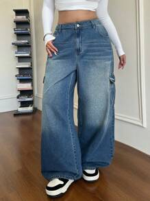 SHEIN CURVE+ 女式大码蓝色牛仔裤 松紧腰带直筒工装裤 夏季牛仔裤 休闲街头服饰 - 中等水洗藍 - 查看 6