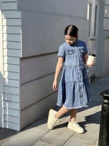 Tween Girls Y2K Style Denim Dresses, Vintage Patchwork Denim Color Block Design, Waist Cinched Details, Casual & Fashionable Simple Denim Dress For Girls, Spring/Summer, School, Campus, College - Medium Wash - View 6