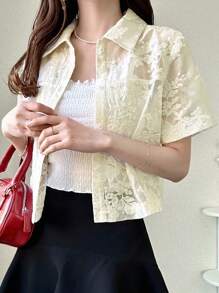 FRIFUL 女士蕾丝边短衬衫，优雅女士夏季上衣 - 杏色 - 查看 6