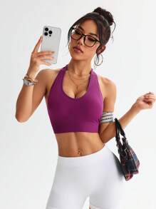 Easithlete Women's Solid Color Halter Sports Bra, For Everyday Fitness - Red Violet - View 3