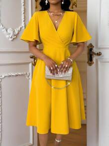 Lunelith SHEIN Lunessa Elegant & Fashionable V-Neck Flared Sleeve Cinch Waist Flowy Dress, Versatile For Daily Wear - Yellow - View 1