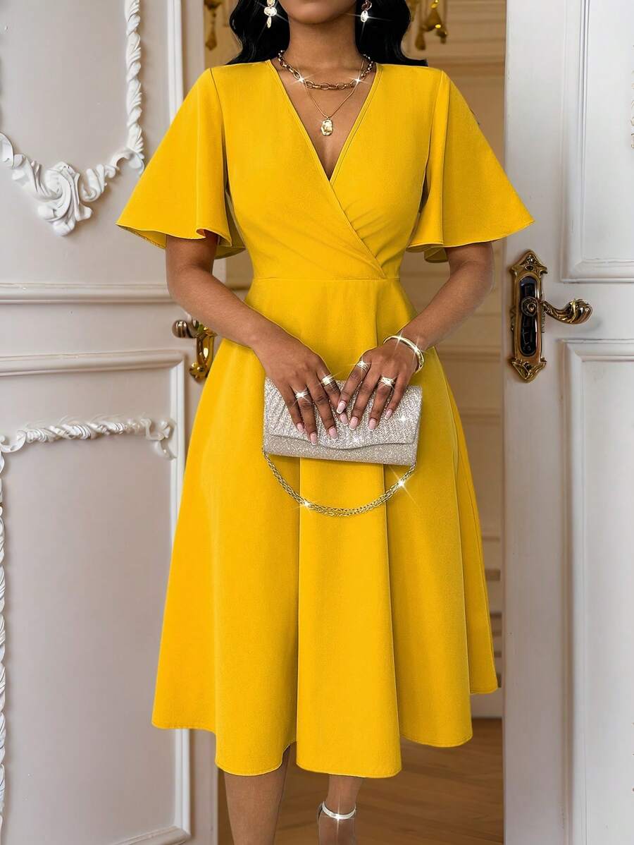Lunelith SHEIN Lunessa Elegant & Fashionable V-Neck Flared Sleeve Cinch Waist Flowy Dress, Versatile For Daily Wear - Yellow - View 1
