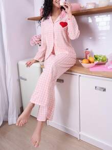 SweetSlumber Conjunto de pijama para mujer de 2 piezas a cuadros rosa y blanco con corazones