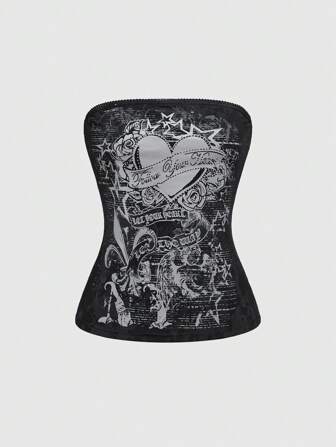 Grunge Punk Y2K Grunge Sexy Crop Top mit Strass Herz und Rosen Muster für Frauen