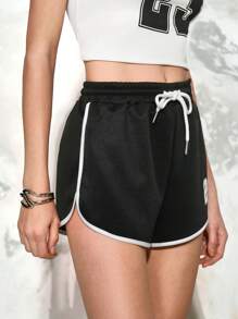 SHEIN LUNE Celana Pendek Olahraga Kasual Wanita Gaya Sporty dengan Motif Grafis, Pinggang Rendah, Tali Serut, Model A-Line, Celana Pendek Seksi dan Imut, Kombinasi Warna, Musim Panas untuk Wanita, Pakaian Olahraga - Hitam - View 5