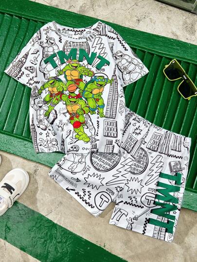 TEENAGE MUTANT NINJA TURTLES | SHEIN 2pcs/Set Young Boy Cartoon All-Over Print Stylish Short Sleeve T-Shirt And Shorts Athletic Casual Outfit