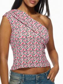 MISSGUIDED Floral One Shoulder Crop Top Summer Spring Fitted Party Club Casual Date Night Fashion Statement Pink Blouse