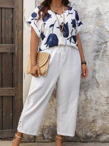 EMERY ROSE Plus Size Women's White Summer Boho Flowy Vacation Holiday Dark Blue Print V-Neck Button Decorative Blouse,Bohemian Casual Comfort Simple Fashion Top - Multicolor - View 4