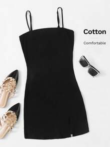 Muchica Vestido bajo con abertura tejido de canalé