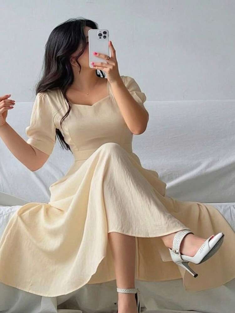 Dazy Petite Plus Solid Color Short Sleeve A-Line Long Dress, Apricot Color, Spring & Summer