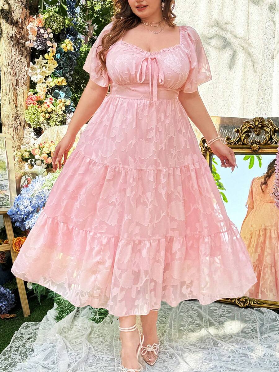 Flirla 大码春夏大码圆领复古浪漫优雅度假海滩大 A 字型分层连衣裙，后系带灯笼袖 - 粉色 - 查看 1