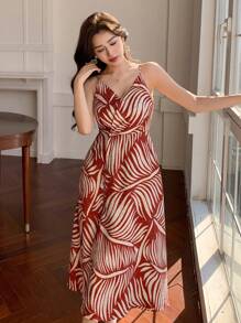 DAZY Mid-Length V-Neck Sling Split Hem Floral Print Dress For Women,Casual Women Dresses - Red - View 5