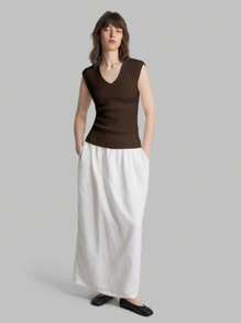 Ontre 2025 Women's Summer Solid Color Urban Chic Fashion Casual V-Neck Dolman Sleeve Knit Top, Soft & Comfortable Fabric, Suitable For Commuting, Office, Tea Party, Daily Wear, Business Casual,Knitted Sweater - Brown - View 2