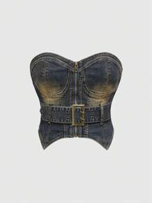 ROMWE Grunge Punk Vintage Sexy Distressed Cropped Denim Bustier Top - Blue - View 1