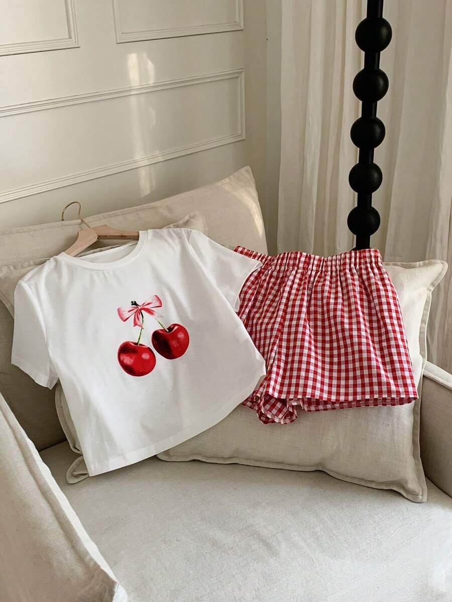 Comfortcana 2 件套女士休闲短袖 T 恤和短裤套装，简约时尚，适合日常穿着 - 紅白色 - 查看 1