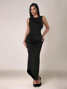 Zolique Spring Sexy Party Slanted Shoulder Asymmetrical Streamer Pleated Dress Slim Sexy High Split Hip-Wrapped Long, Suitable For Dating, Vacation, Party