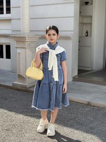 Tween Girls Y2K Style Denim Dresses, Vintage Patchwork Denim Color Block Design, Waist Cinched Details, Casual & Fashionable Simple Denim Dress For Girls, Spring/Summer, School, Campus, College - Medium Wash - View 8