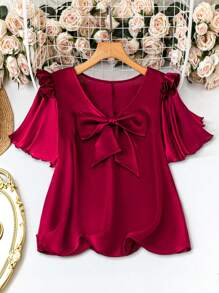 SHEIN LUNE Blusa roja holgada de mujer talla grande con cuello en V, mangas cortas con volantes y lazo - Rojo - Ver 1