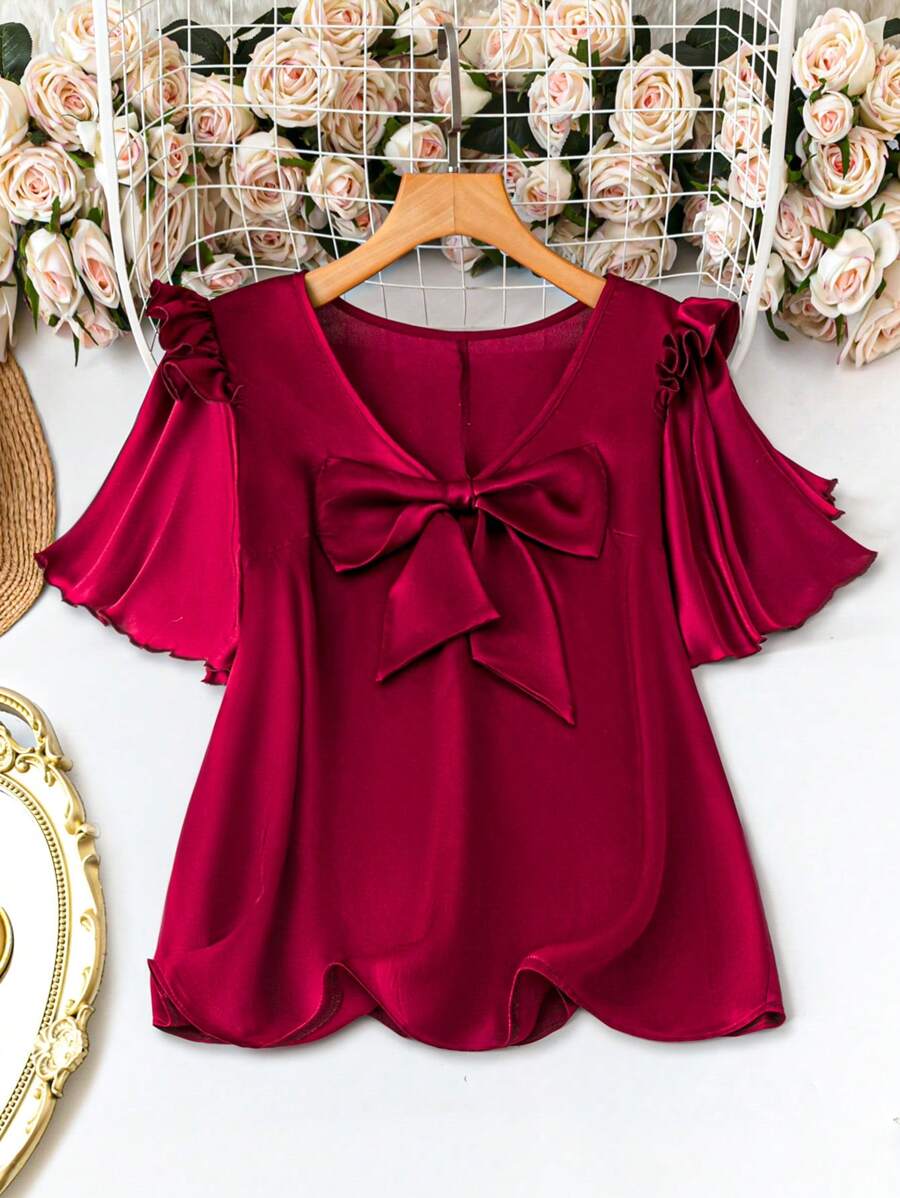 SHEIN LUNE Blusa roja holgada de mujer talla grande con cuello en V, mangas cortas con volantes y lazo - Rojo - Ver 1