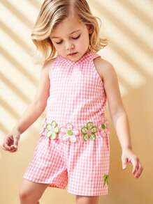 SHEIN Bộ 2 món gồm áo và quần short kẻ caro thêu hoa dễ thương cho bé gái, thích hợp cho kỳ nghỉ hè, đi biển, dã ngoại. - Hồng - Xem 7