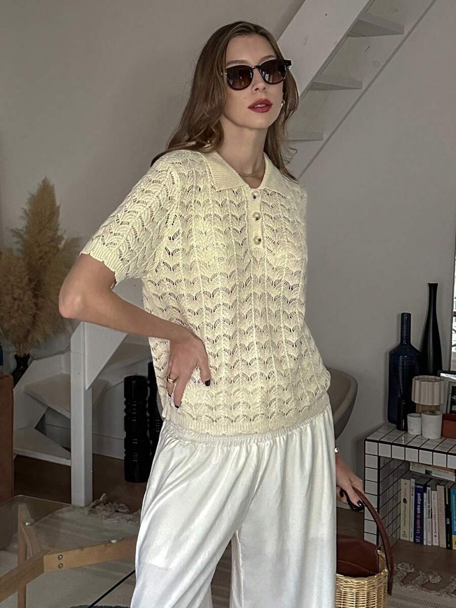 SHEIN Unity Women's Casual Loose Polo Collar Short Sleeve Knitted Half Button Hollow-Out Apricot Color Sweater Top, Spring/Autumn - Apricot - View 1