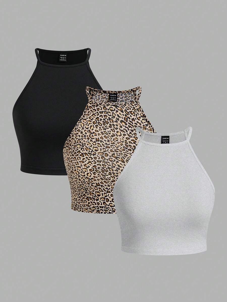 SHEIN EZwear 3 Peças/Conjunto Regatas Femininas Estampadas de Onça, Adequado para Verão - Multicolorido - Visão 1