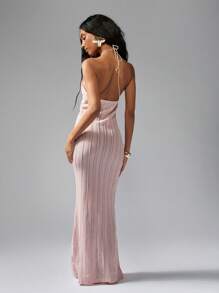 MISSGUIDED Đầm maxi cổ yếm dệt kim gân thanh lịch, ôm sát cơ thể, không tay, dài đến sàn, thích hợp cho tiệc cưới, dự tiệc, có xẻ tà bên. - Bụi hồng - Xem 2