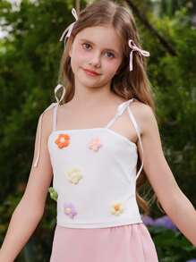 SHEIN Tween Girls Floral Bow Decor Camisole And Cami Tops, Sweet & Cute Style - White - View 8